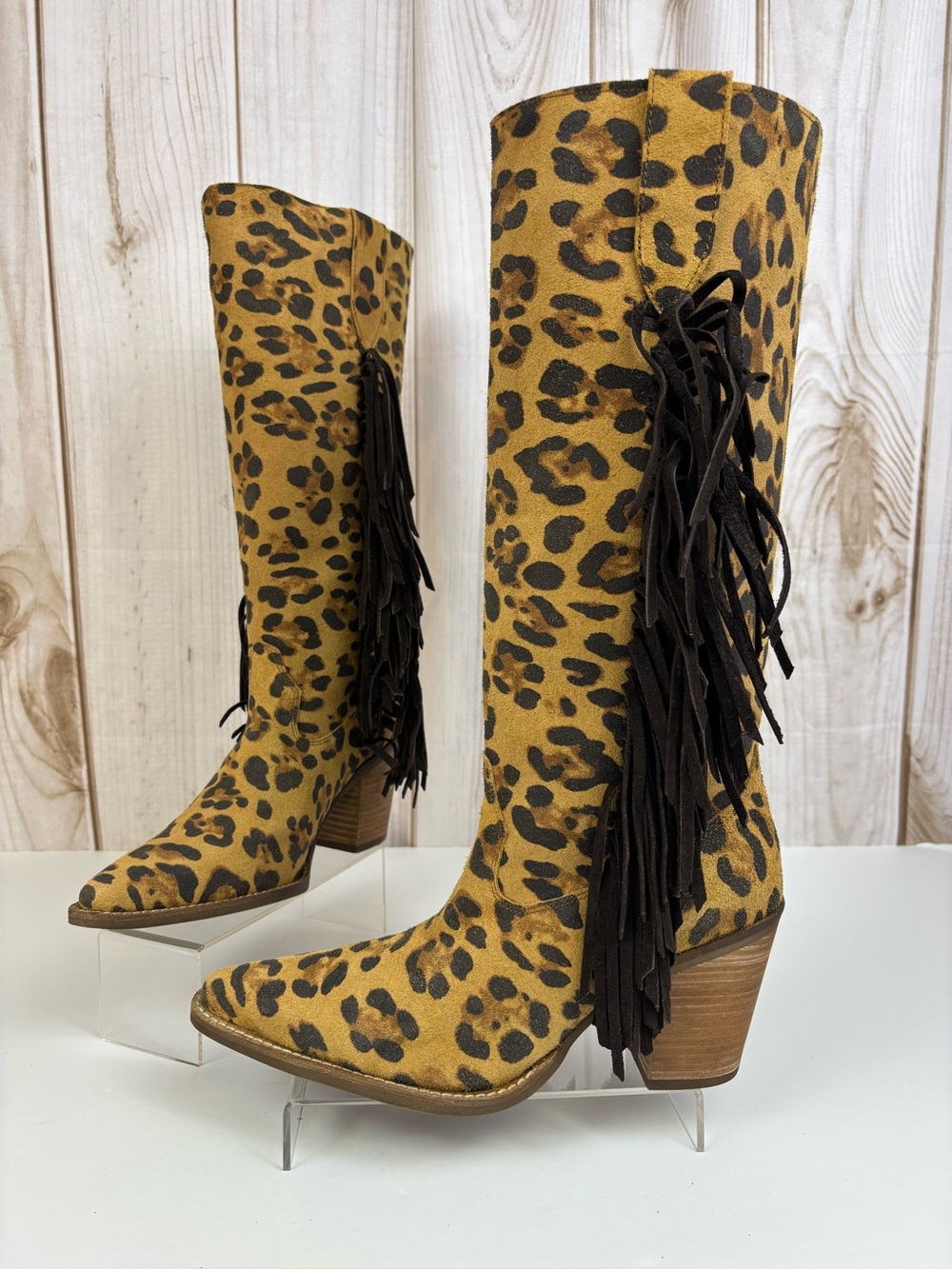 Dingo Twisted Leopard Fringe Suede Western Cowboy Boots Size 10 NIB - Picture 1 of 17